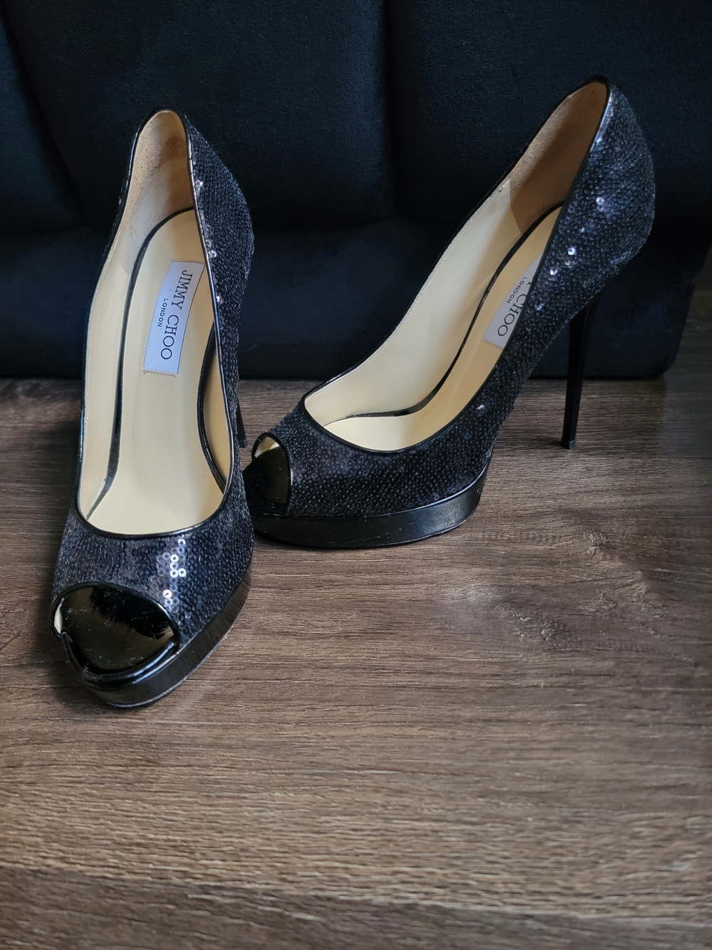 Jimmy Choo Black Sequin Peep-Toe Stiletto Pumps